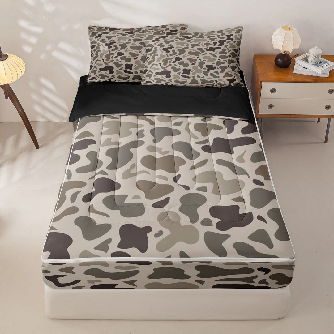 meiyoeat Brown Camo Zipper Full Size Comforter Sets with Fitted Sheet and 2 Pillowcases For Boys,Kids Personalized Camouflage Pattern Zipper Bedding Set,Black Reversible,4 Pieces