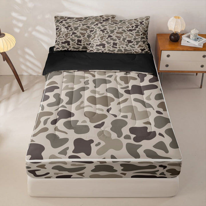 meiyoeat Brown Camo Zipper Full Size Comforter Sets with Fitted Sheet and 2 Pillowcases For Boys,Kids Personalized Camouflage Pattern Zipper Bedding Set,Black Reversible,4 Pieces