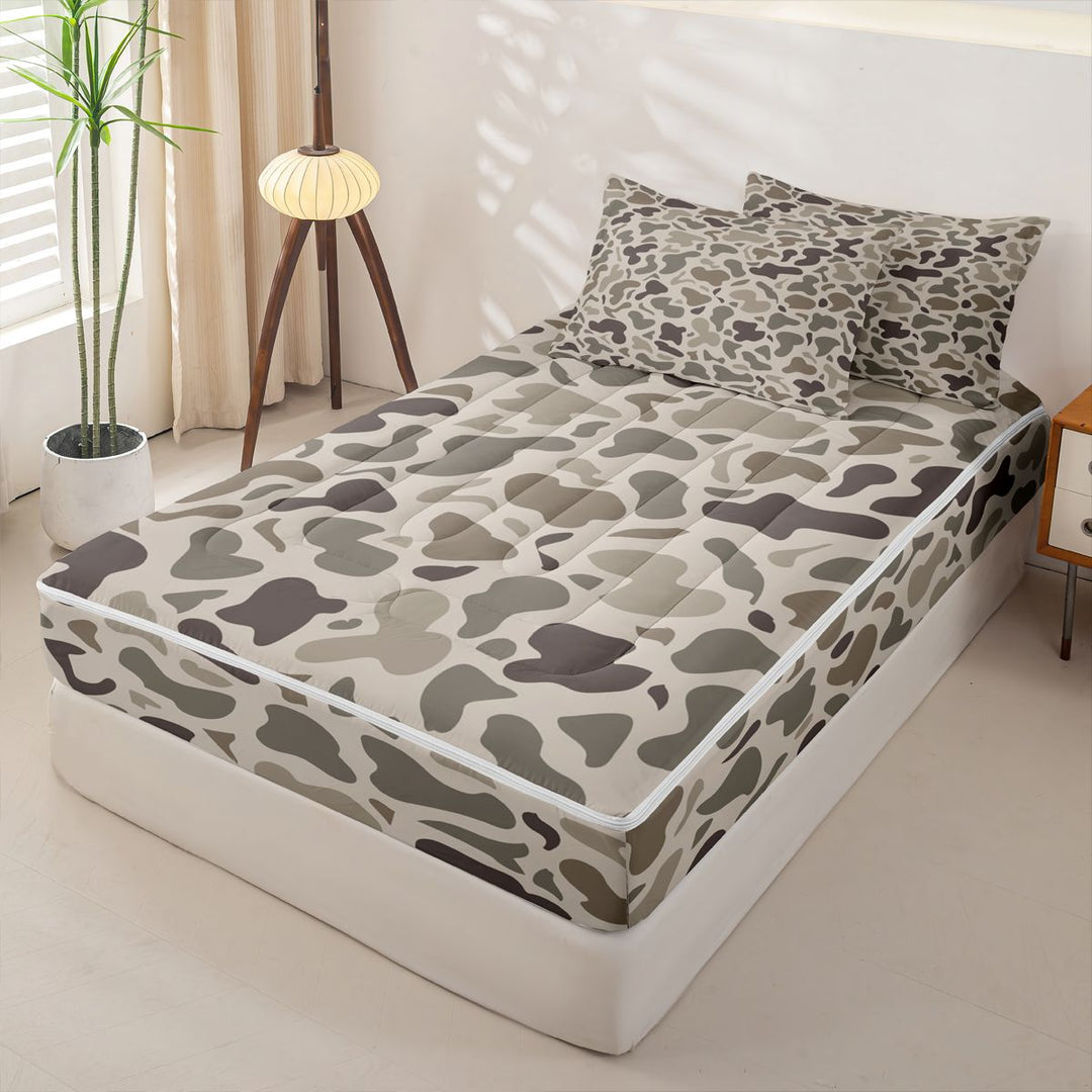 meiyoeat Brown Camo Zipper Full Size Comforter Sets with Fitted Sheet and 2 Pillowcases For Boys,Kids Personalized Camouflage Pattern Zipper Bedding Set,Black Reversible,4 Pieces