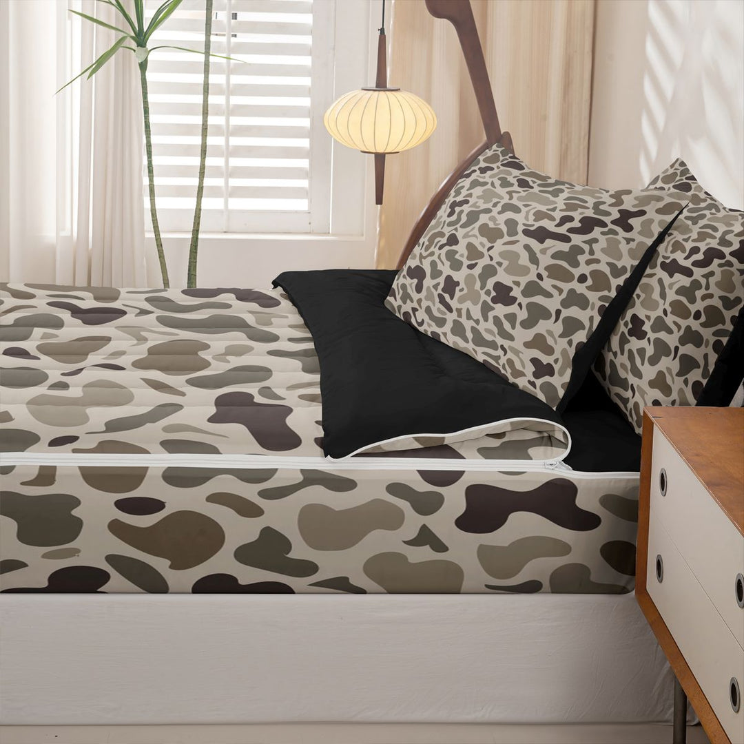 meiyoeat Brown Camo Zipper Full Size Comforter Sets with Fitted Sheet and 2 Pillowcases For Boys,Kids Personalized Camouflage Pattern Zipper Bedding Set,Black Reversible,4 Pieces