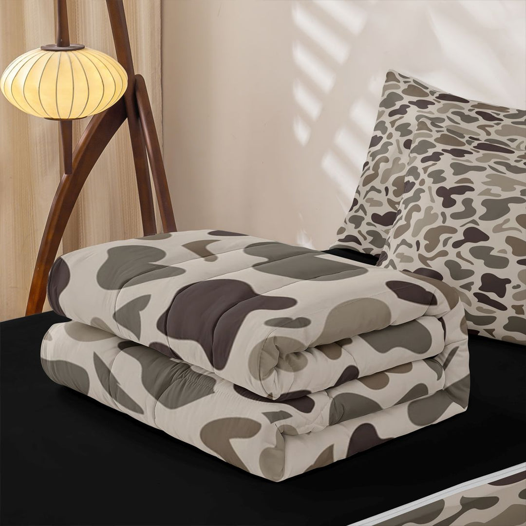 meiyoeat Brown Camo Zipper Full Size Comforter Sets with Fitted Sheet and 2 Pillowcases For Boys,Kids Personalized Camouflage Pattern Zipper Bedding Set,Black Reversible,4 Pieces