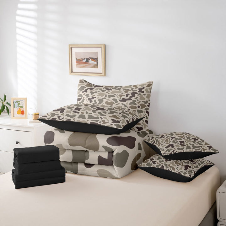 meiyoeat Brown Camo 7-Piece King Bedding For Boys,Kids Personalized Camouflage Pattern King Bed in a Bag,Black Reversible