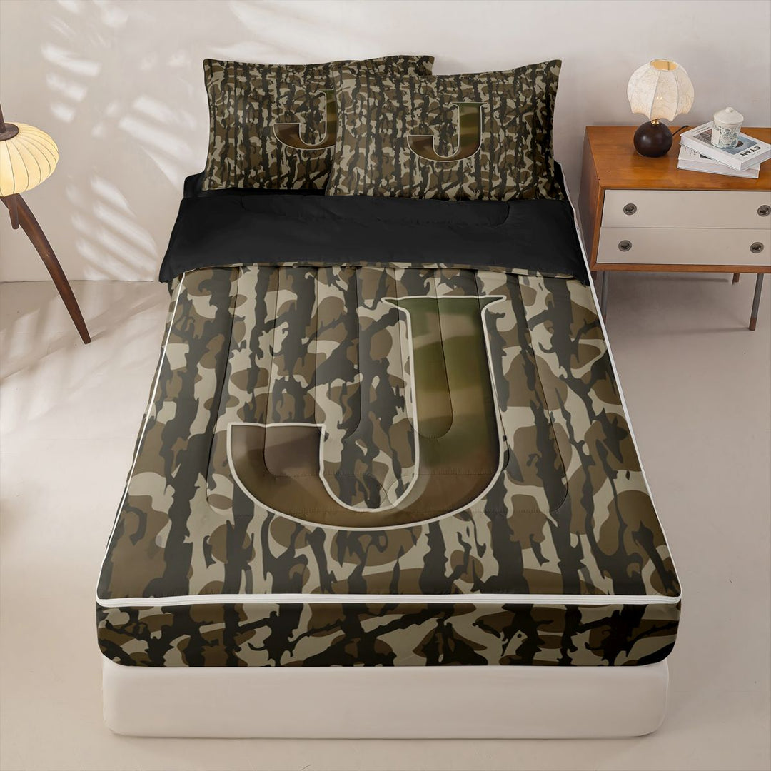 meiyoeat Green Letter Camo Zipper Full Size Comforter Sets with Fitted Sheet and 2 Pillowcases For Boys,Kids Personalized Monogrammed J Zipper Bedding Set,Black Reversible,4 Pieces