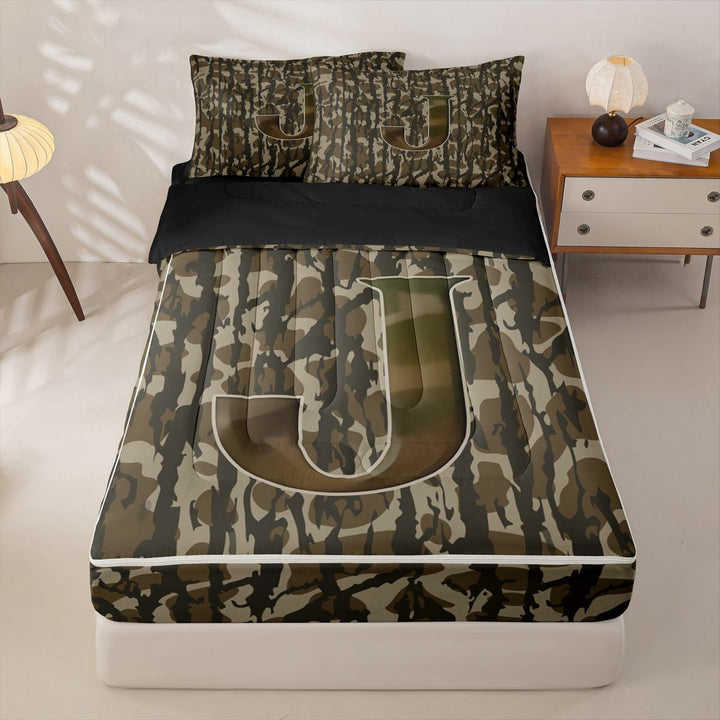 meiyoeat Green Letter Camo Zipper Full Size Comforter Sets with Fitted Sheet and 2 Pillowcases For Boys,Kids Personalized Monogrammed J Zipper Bedding Set,Black Reversible,4 Pieces
