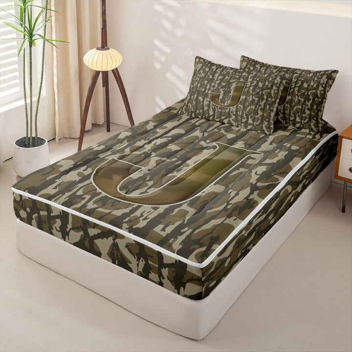 meiyoeat Green Letter Camo Zipper Full Size Comforter Sets with Fitted Sheet and 2 Pillowcases For Boys,Kids Personalized Monogrammed J Zipper Bedding Set,Black Reversible,4 Pieces