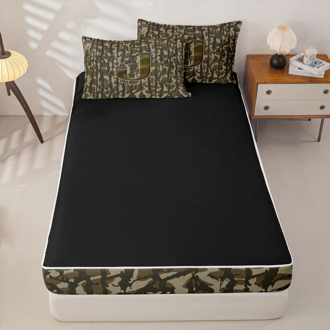 meiyoeat Green Letter Camo Zipper Full Size Comforter Sets with Fitted Sheet and 2 Pillowcases For Boys,Kids Personalized Monogrammed J Zipper Bedding Set,Black Reversible,4 Pieces