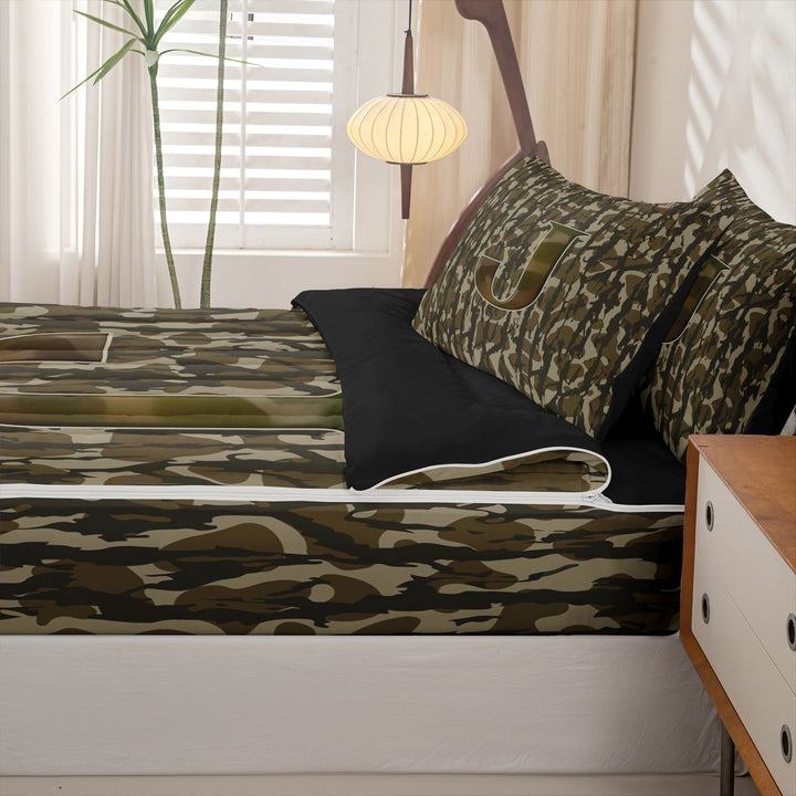 meiyoeat Green Letter Camo Zipper Full Size Comforter Sets with Fitted Sheet and 2 Pillowcases For Boys,Kids Personalized Monogrammed J Zipper Bedding Set,Black Reversible,4 Pieces