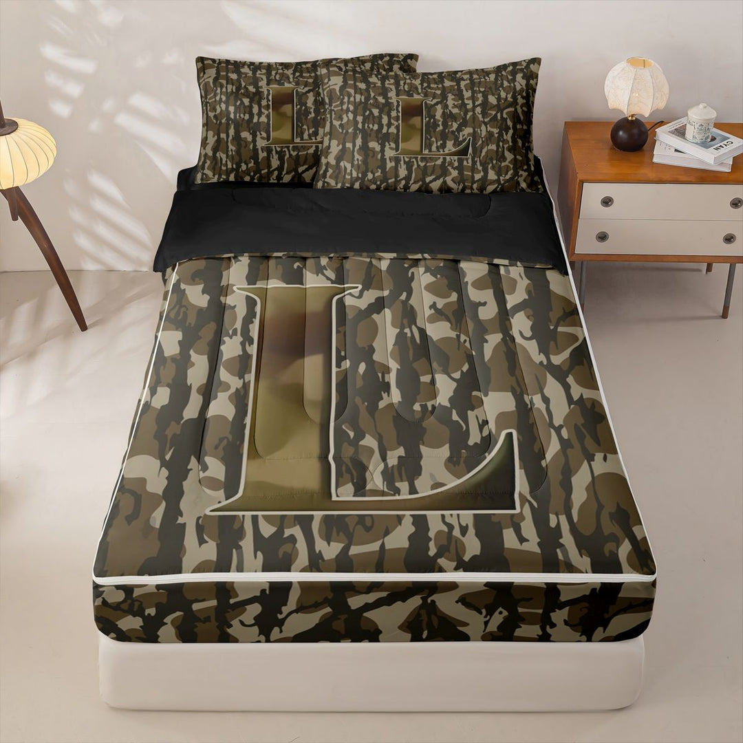 meiyoeat Camo Initial Letter L Zipper Full Size Comforter Sets with Fitted Sheet and 2 Pillowcases For Boys,Rustic Farmhouse Hunting Camo Zipper Bedding Set For Kids,Black Reversible,4 Pieces