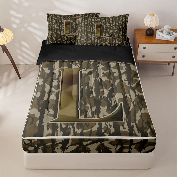 meiyoeat Camo Initial Letter L Zipper Full Size Comforter Sets with Fitted Sheet and 2 Pillowcases For Boys,Rustic Farmhouse Hunting Camo Zipper Bedding Set For Kids,Black Reversible,4 Pieces