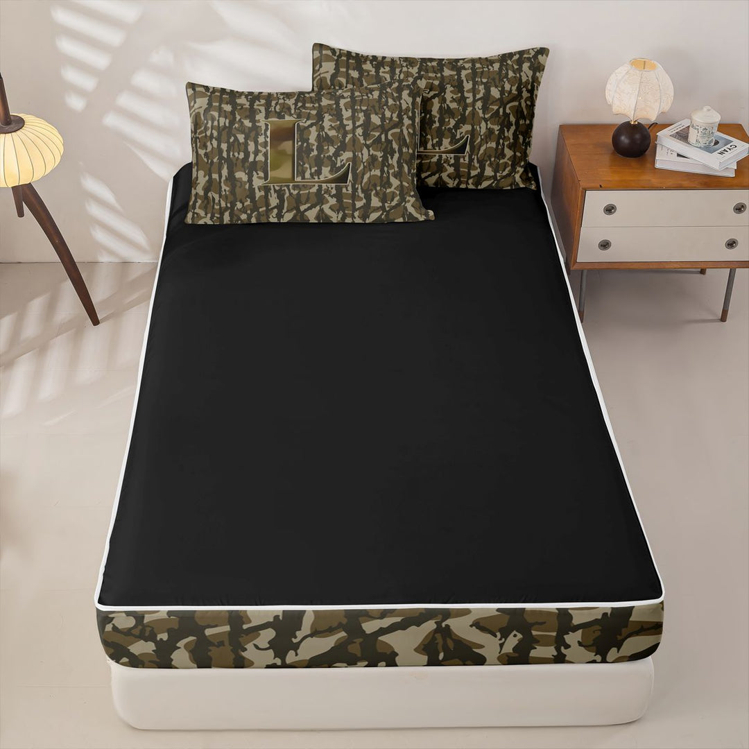 meiyoeat Camo Initial Letter L Zipper Full Size Comforter Sets with Fitted Sheet and 2 Pillowcases For Boys,Rustic Farmhouse Hunting Camo Zipper Bedding Set For Kids,Black Reversible,4 Pieces