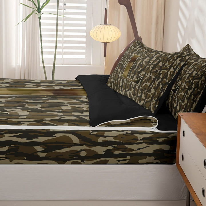 meiyoeat Camo Initial Letter L Zipper Full Size Comforter Sets with Fitted Sheet and 2 Pillowcases For Boys,Rustic Farmhouse Hunting Camo Zipper Bedding Set For Kids,Black Reversible,4 Pieces