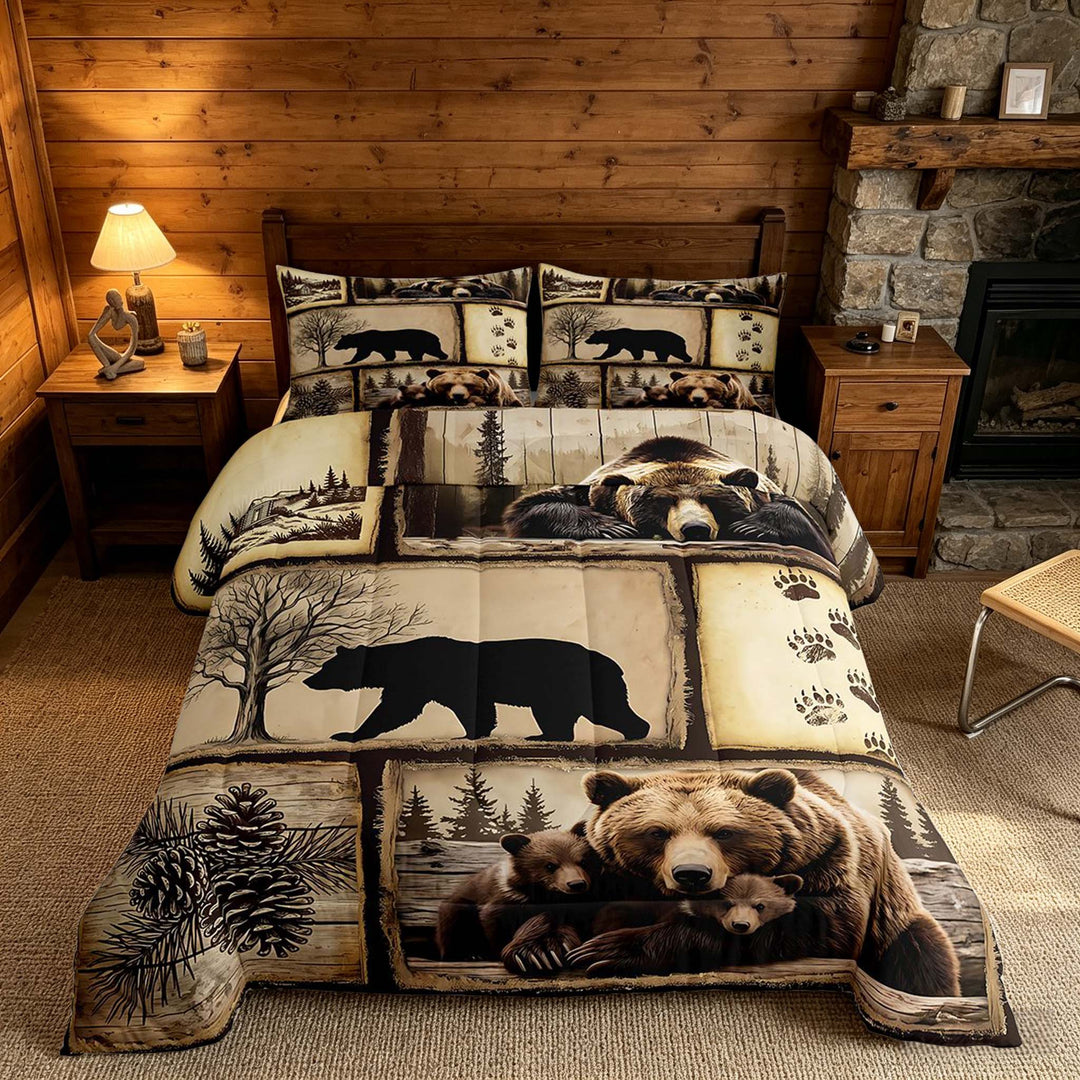 meiyoeat Retro Patchwork Bear Cabin King Size Comforter Sets Vintage Wildlife Silhouette Bedding Comforter Set, Sepia Brown, Black Reversible 3pcs, 1 Comforter and 2 Pillowcases