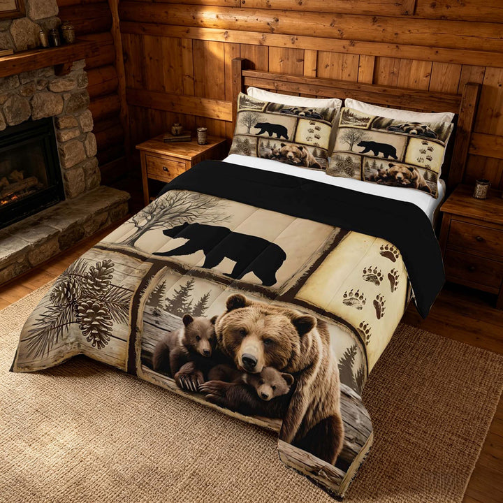 meiyoeat Retro Patchwork Bear Cabin King Size Comforter Sets Vintage Wildlife Silhouette Bedding Comforter Set, Sepia Brown, Black Reversible 3pcs, 1 Comforter and 2 Pillowcases