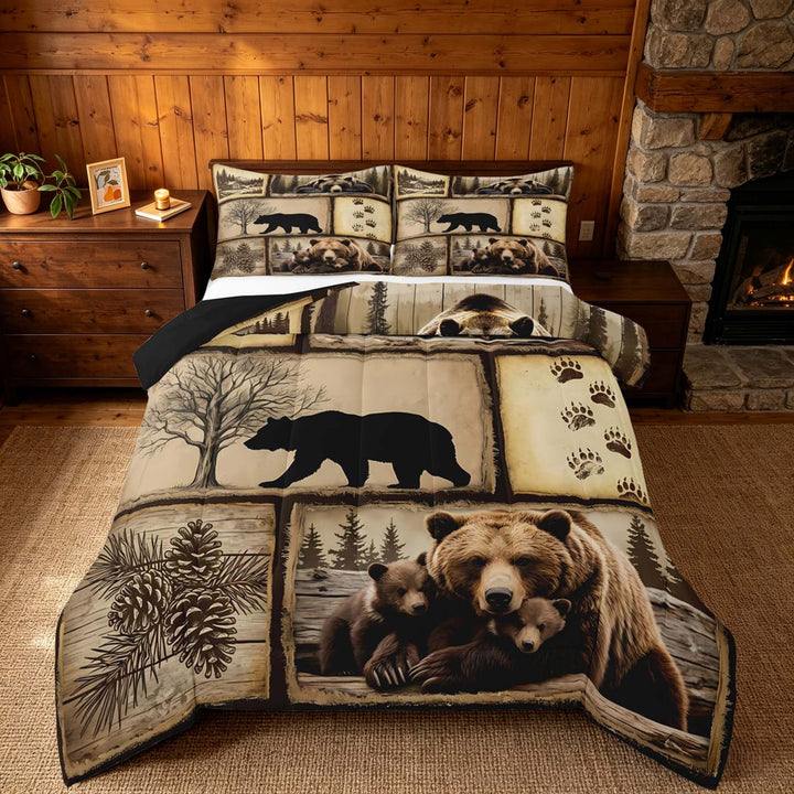 meiyoeat Retro Patchwork Bear Cabin King Size Comforter Sets Vintage Wildlife Silhouette Bedding Comforter Set, Sepia Brown, Black Reversible 3pcs, 1 Comforter and 2 Pillowcases
