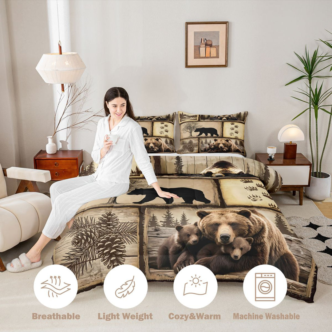 meiyoeat Retro Patchwork Bear Cabin King Size Comforter Sets Vintage Wildlife Silhouette Bedding Comforter Set, Sepia Brown, Black Reversible 3pcs, 1 Comforter and 2 Pillowcases