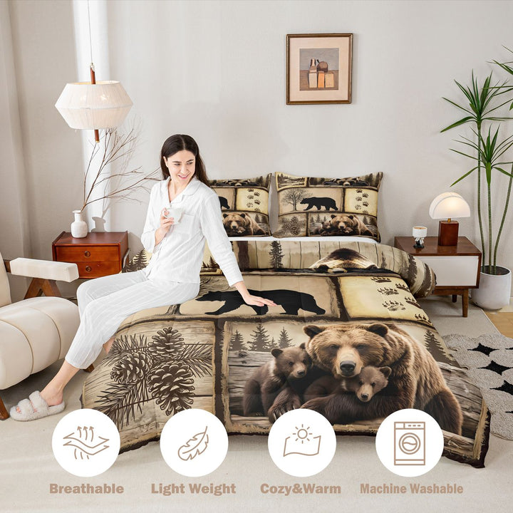meiyoeat Retro Patchwork Bear Cabin King Size Comforter Sets Vintage Wildlife Silhouette Bedding Comforter Set, Sepia Brown, Black Reversible 3pcs, 1 Comforter and 2 Pillowcases