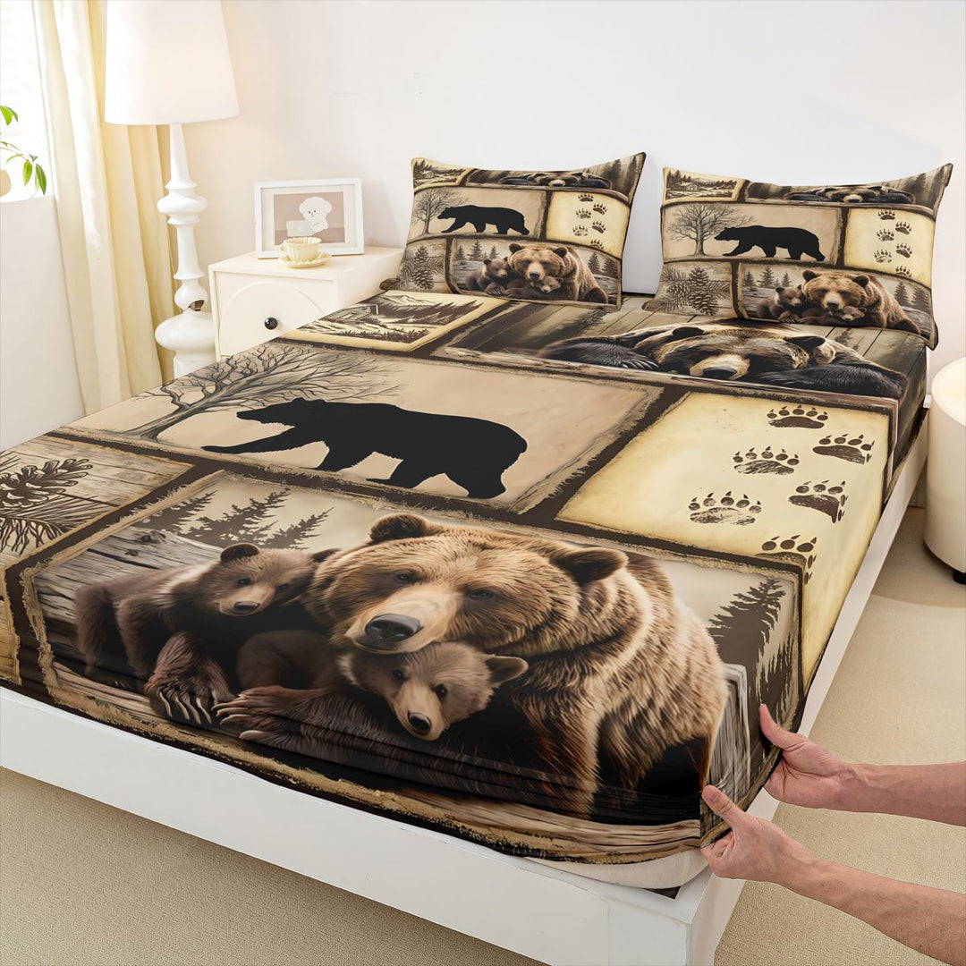 meiyoeat Retro Patchwork Bear Cabin Bed Sheets Vintage Wildlife Silhouette King Sheets, Sepia Brown, 4pcs, 1 Flat Sheet, 1 Fitted Sheet and 2 Pillowcases