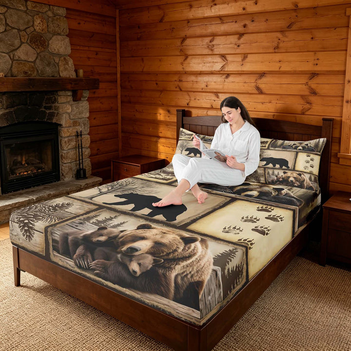 meiyoeat Retro Patchwork Bear Cabin Bed Sheets Vintage Wildlife Silhouette King Sheets, Sepia Brown, 4pcs, 1 Flat Sheet, 1 Fitted Sheet and 2 Pillowcases