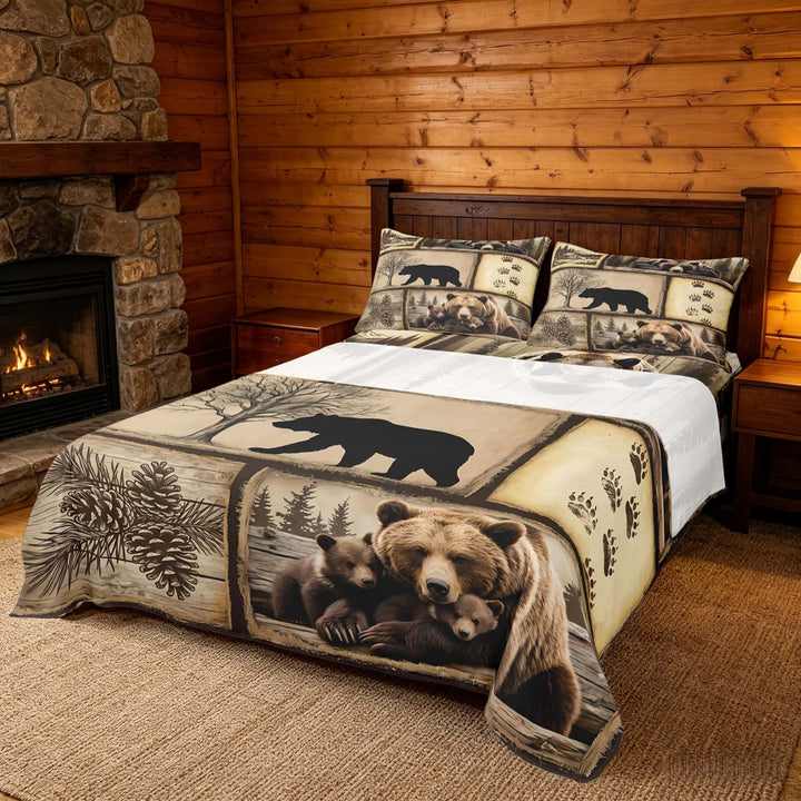meiyoeat Retro Patchwork Bear Cabin Bed Sheets Vintage Wildlife Silhouette King Sheets, Sepia Brown, 4pcs, 1 Flat Sheet, 1 Fitted Sheet and 2 Pillowcases
