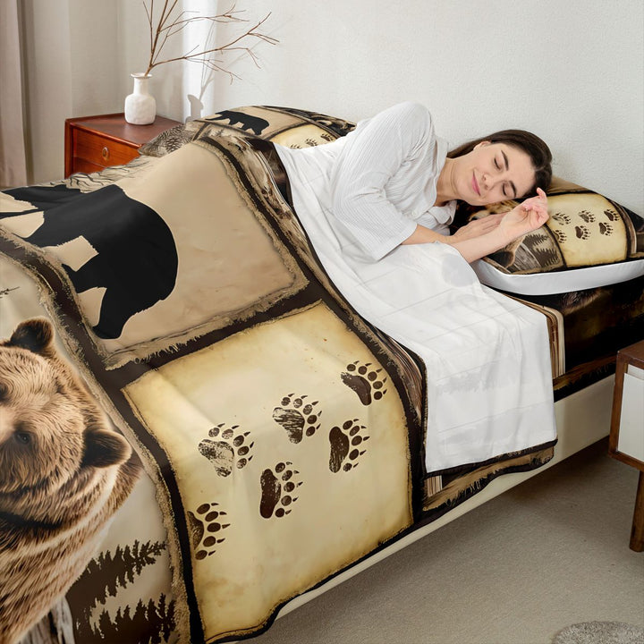 meiyoeat Retro Patchwork Bear Cabin Bed Sheets Vintage Wildlife Silhouette King Sheets, Sepia Brown, 4pcs, 1 Flat Sheet, 1 Fitted Sheet and 2 Pillowcases