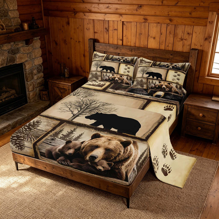 meiyoeat Retro Patchwork Bear Cabin Bed Sheets Vintage Wildlife Silhouette King Sheets, Sepia Brown, 4pcs, 1 Flat Sheet, 1 Fitted Sheet and 2 Pillowcases