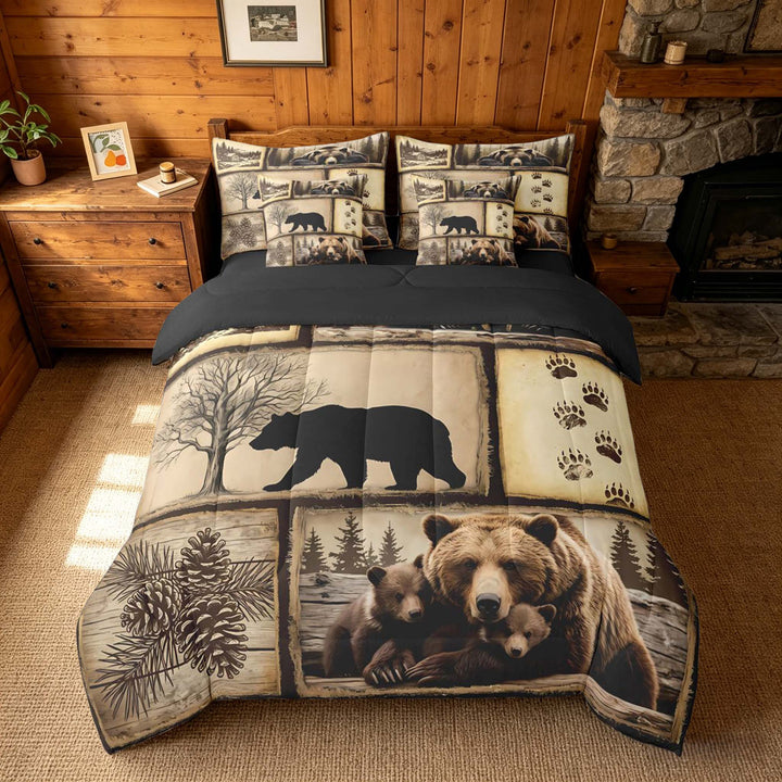 meiyoeat Retro Patchwork Bear Cabin Bedding Comforter Set Vintage Wildlife Silhouette King Bedding Sets, Sepia Brown, Black Reversible 7pcs