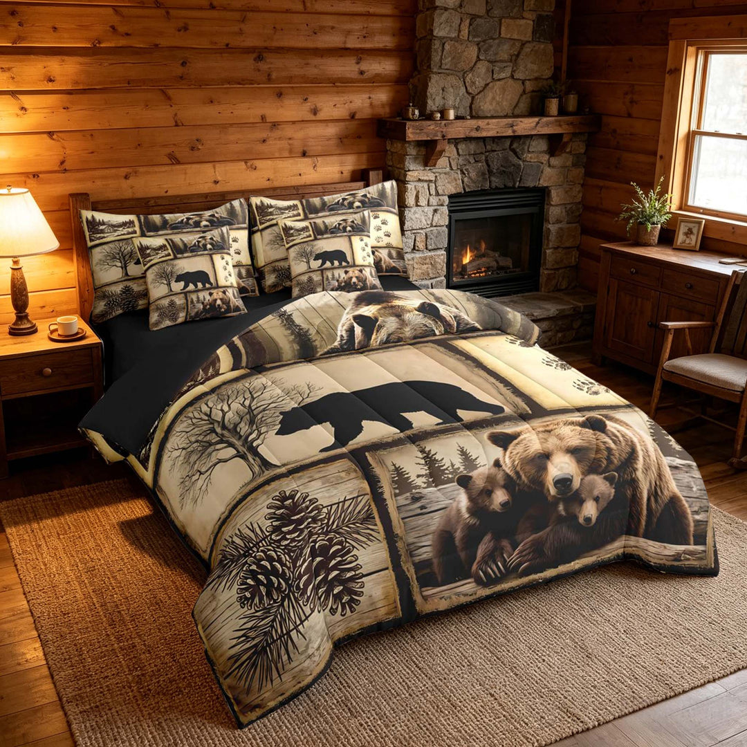 meiyoeat Retro Patchwork Bear Cabin Bedding Comforter Set Vintage Wildlife Silhouette King Bedding Sets, Sepia Brown, Black Reversible 7pcs