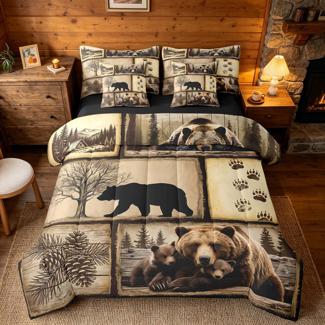 meiyoeat Retro Patchwork Bear Cabin Bedding Comforter Set Vintage Wildlife Silhouette King Bedding Sets, Sepia Brown, Black Reversible 7pcs