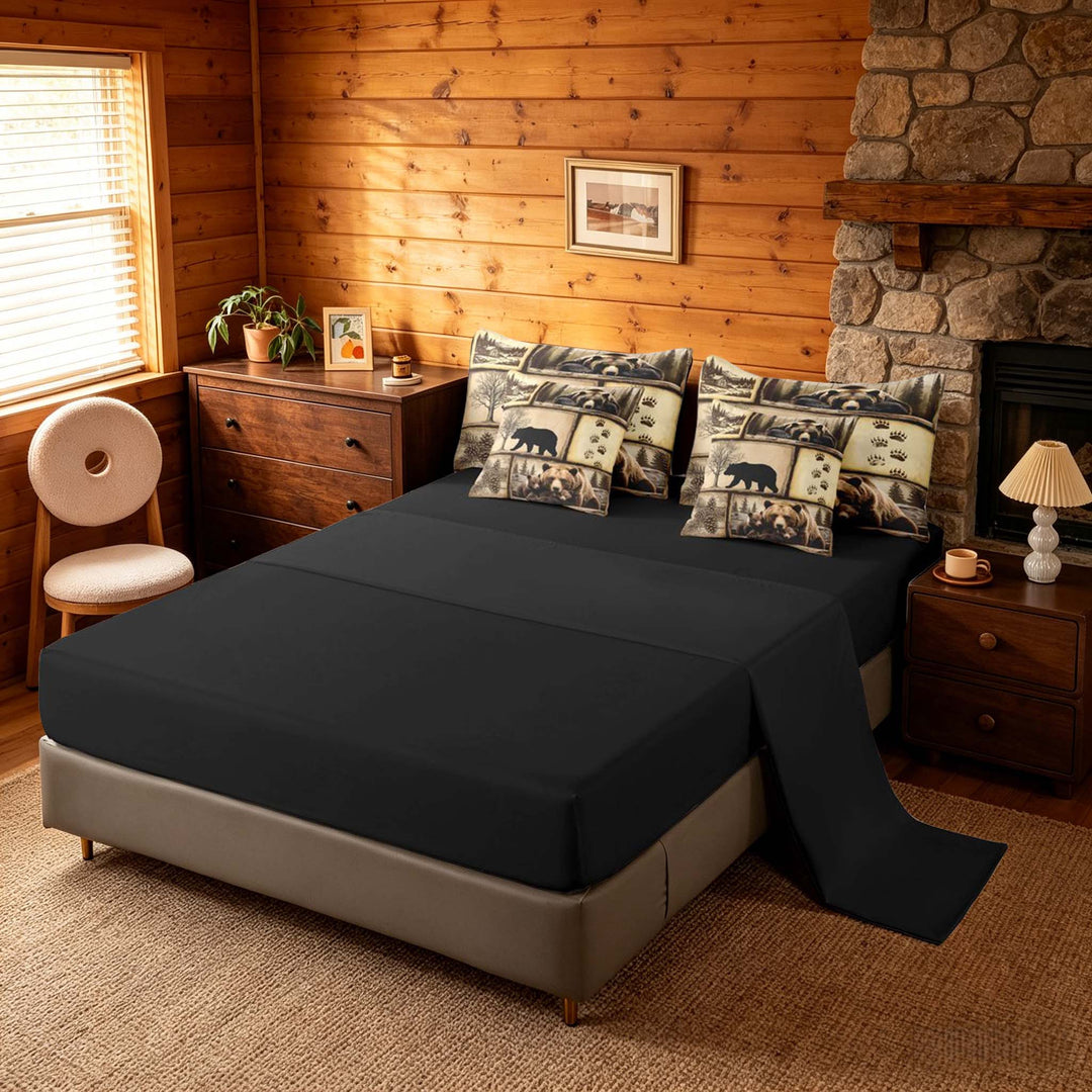 meiyoeat Retro Patchwork Bear Cabin Bedding Comforter Set Vintage Wildlife Silhouette King Bedding Sets, Sepia Brown, Black Reversible 7pcs