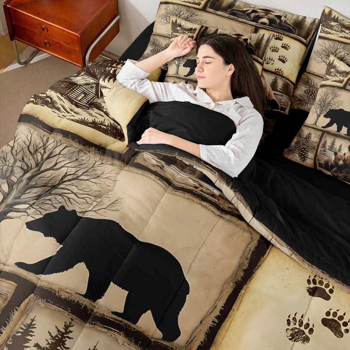 meiyoeat Retro Patchwork Bear Cabin Bedding Comforter Set Vintage Wildlife Silhouette King Bedding Sets, Sepia Brown, Black Reversible 7pcs