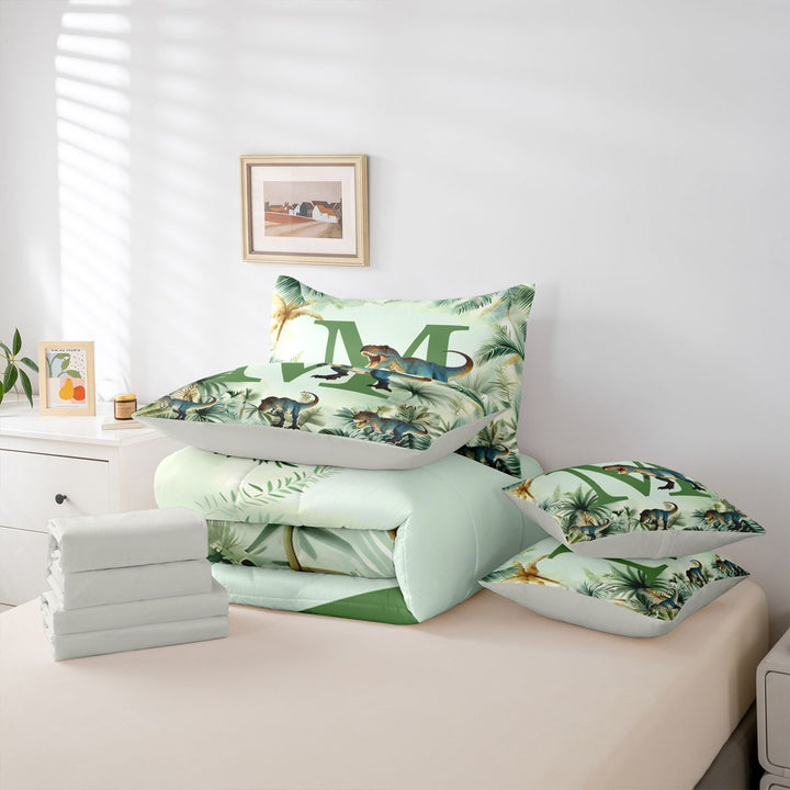 meiyoeat dinosaur Initial M 7 Pieces Full Size Bedding Sets,Jungle Dino Print Full Size Bed in a Bag,Light Gray Reversible