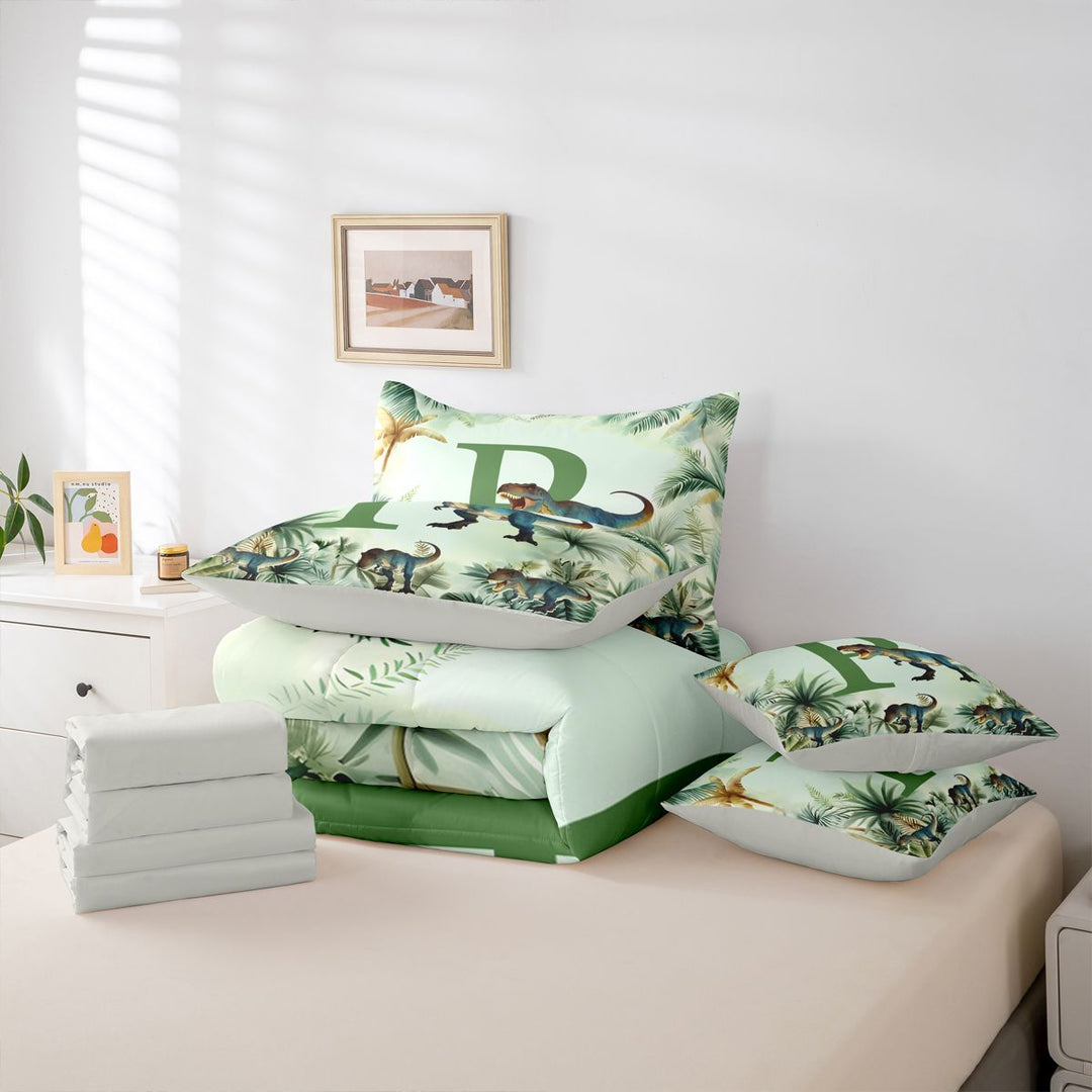 meiyoeat wild Animal Dino Print 7 Pieces Full Size Bedding Sets,3D Cartoon Monogrammed P Art Full Size Bed in a Bag,Light Gray Reversible