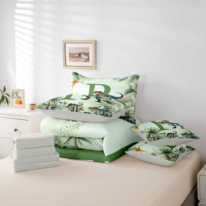 meiyoeat wild Animal Dino Print 7 Pieces Full Size Bedding Sets,3D Cartoon Monogrammed P Art Full Size Bed in a Bag,Light Gray Reversible
