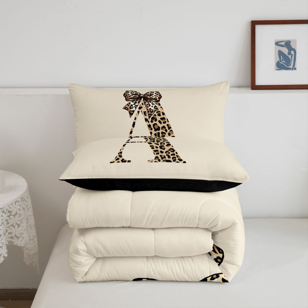 meiyoeat cheetah Bow Initial Full Size Comforter Sets,Leopard Print Monogram A Bedding Comforter Set,Black Reversible,3 Pieces,1 Comforter and 2 Pillowcases