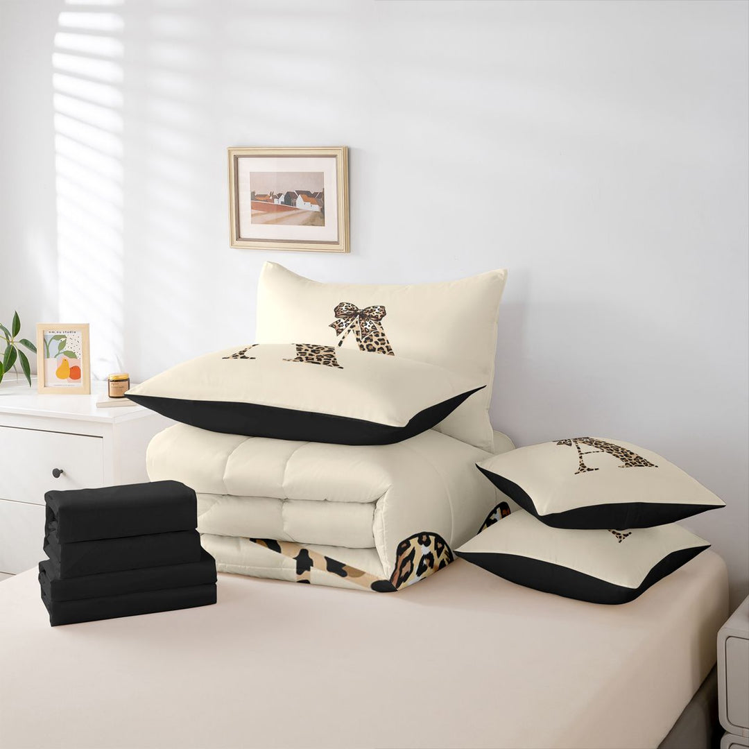 meiyoeat cheetah Bow Initial 7 Pieces Full Size Bedding Sets,Leopard Print Monogram A Full Size Bed in a Bag,Black Reversible