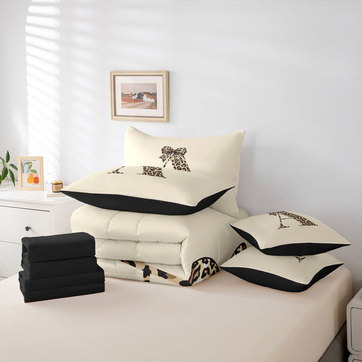meiyoeat cheetah Bow Initial 7 Pieces Full Size Bedding Sets,Leopard Print Monogram A Full Size Bed in a Bag,Black Reversible