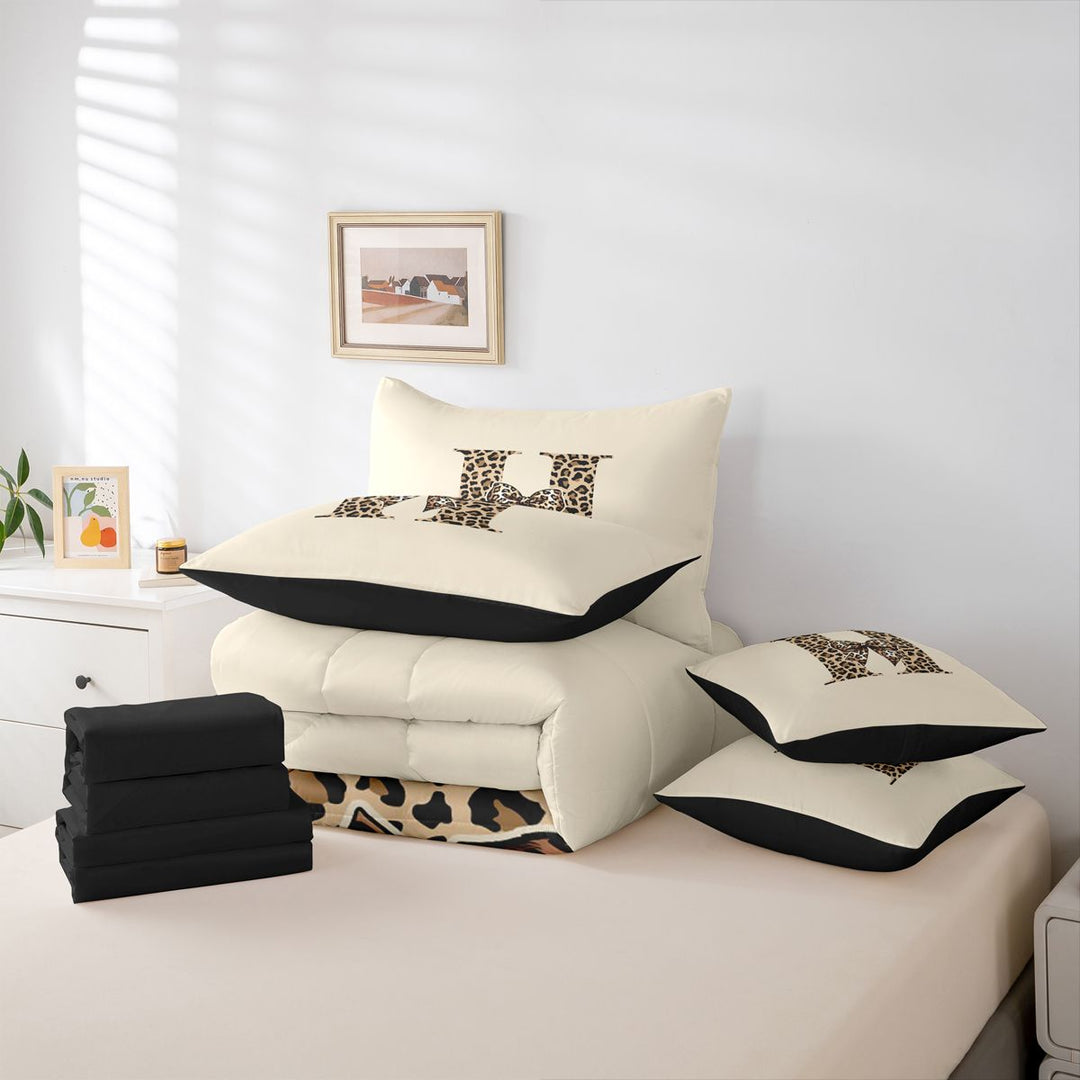 meiyoeat leopard Bowknot Initial Art 7 Pieces Full Size Bedding Sets,Cheetah Print Alphabet Full Size Bed in a Bag,Black Reversible