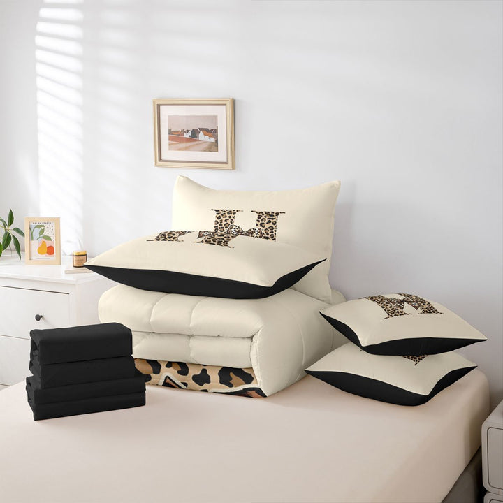 meiyoeat leopard Bowknot Initial Art 7 Pieces Full Size Bedding Sets,Cheetah Print Alphabet Full Size Bed in a Bag,Black Reversible