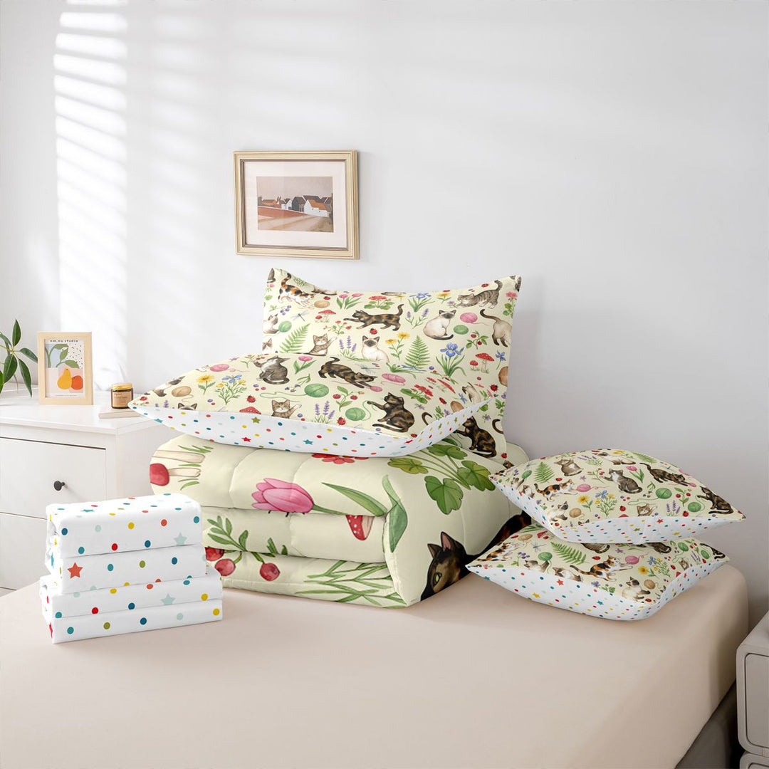 meiyoeat spring Garden Kitten 7 Pieces Full Size Bedding Sets,Floral Cat Print Full Size Bed in a Bag,Reversible