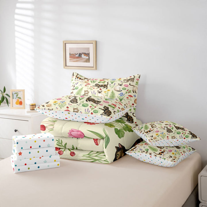 meiyoeat spring Garden Kitten 7 Pieces Full Size Bedding Sets,Floral Cat Print Full Size Bed in a Bag,Reversible