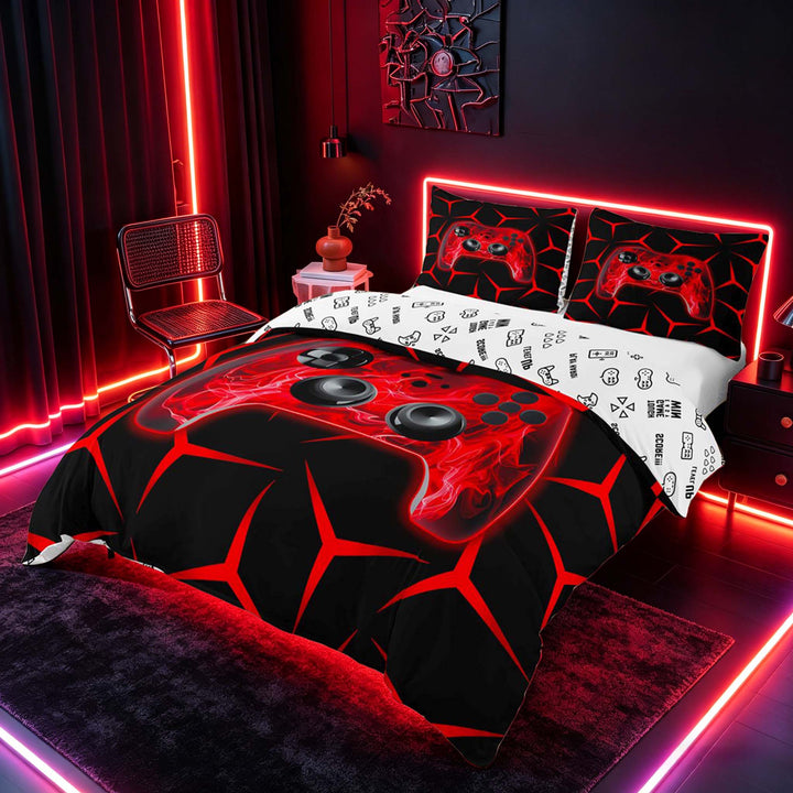 meiyoeat Neon Red Flame Game Controller Duvet Cover Set for Kids Boys, Red Geometric Gaming Bedding Full, Gamepad Reversible3 Pieces, 1 Duvet Cover and 2 Pillowcases