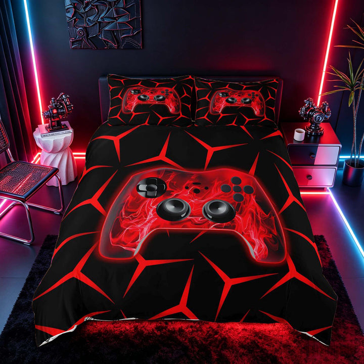 meiyoeat Neon Red Flame Game Controller Duvet Cover Set for Kids Boys, Red Geometric Gaming Bedding Full, Gamepad Reversible3 Pieces, 1 Duvet Cover and 2 Pillowcases