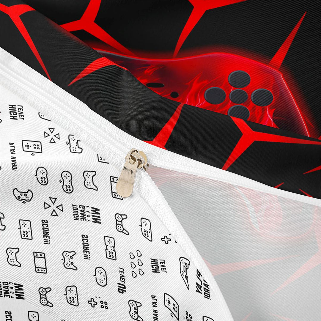 meiyoeat Neon Red Flame Game Controller Duvet Cover Set for Kids Boys, Red Geometric Gaming Bedding Full, Gamepad Reversible3 Pieces, 1 Duvet Cover and 2 Pillowcases