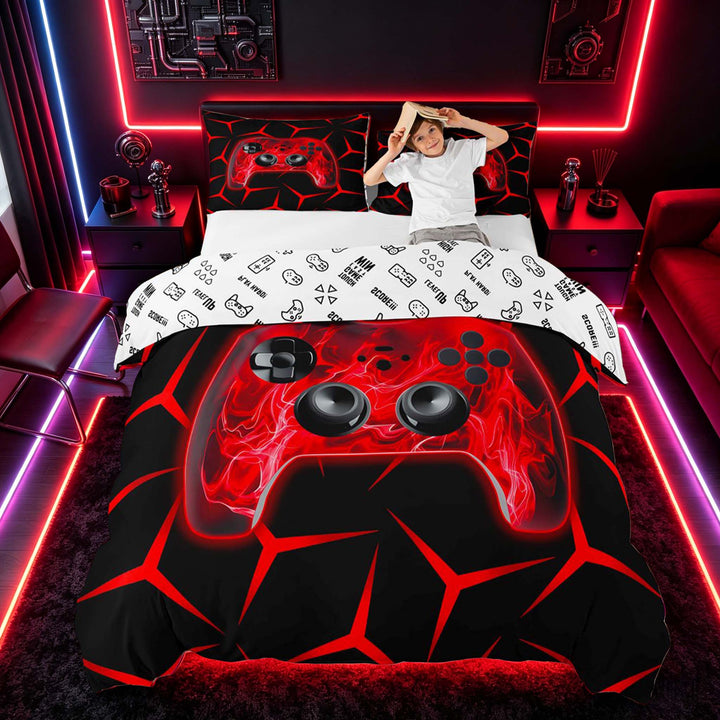 meiyoeat Neon Red Flame Game Controller Duvet Cover Set for Kids Boys, Red Geometric Gaming Bedding Full, Gamepad Reversible3 Pieces, 1 Duvet Cover and 2 Pillowcases
