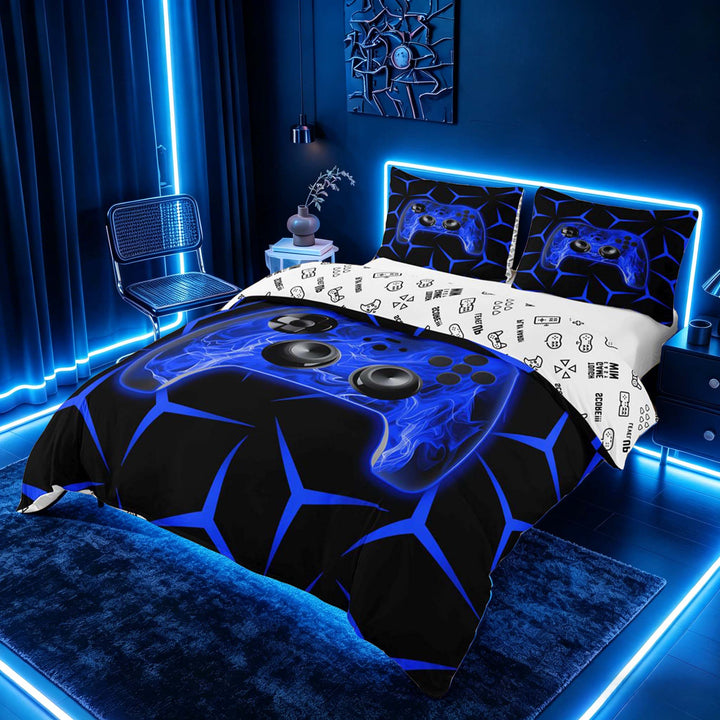 meiyoeat Neon Blue Flame Game Controller Duvet Cover Set for Kids Boys, Blue Geometric Gaming Bedding Full, Gamepad Reversible 3-Piece, 1 Duvet Cover and 2 Pillowcases