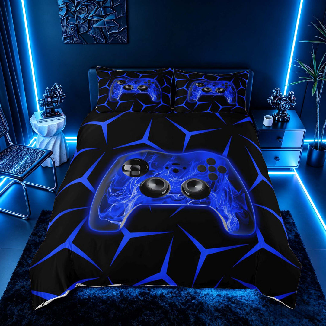 meiyoeat Neon Blue Flame Game Controller Duvet Cover Set for Kids Boys, Blue Geometric Gaming Bedding Full, Gamepad Reversible 3-Piece, 1 Duvet Cover and 2 Pillowcases