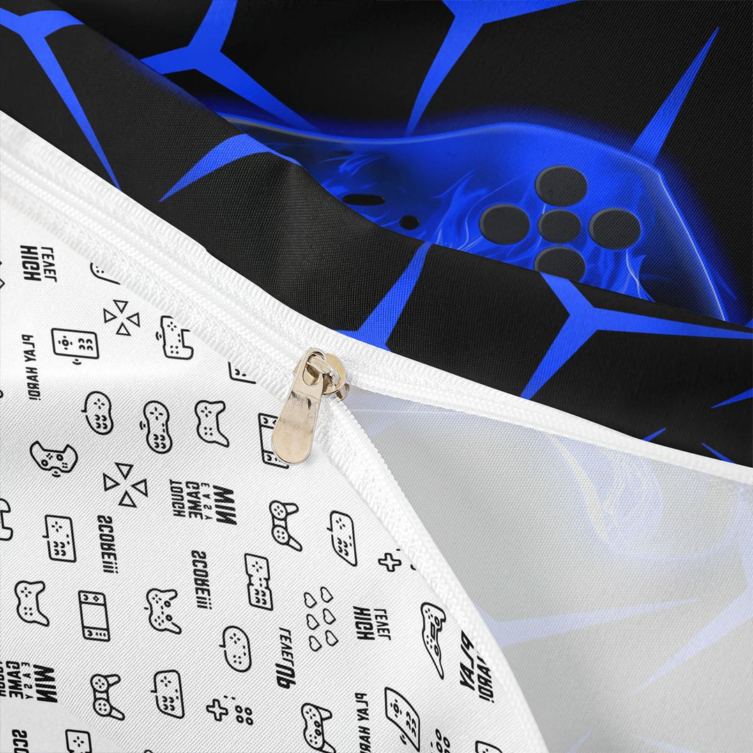 meiyoeat Neon Blue Flame Game Controller Duvet Cover Set for Kids Boys, Blue Geometric Gaming Bedding Full, Gamepad Reversible 3-Piece, 1 Duvet Cover and 2 Pillowcases