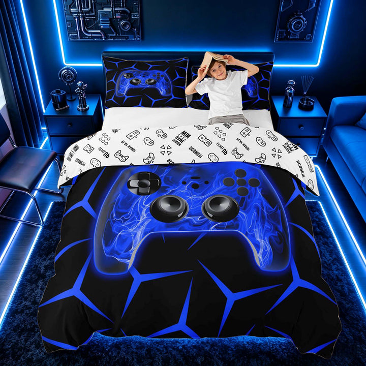meiyoeat Neon Blue Flame Game Controller Duvet Cover Set for Kids Boys, Blue Geometric Gaming Bedding Full, Gamepad Reversible 3-Piece, 1 Duvet Cover and 2 Pillowcases