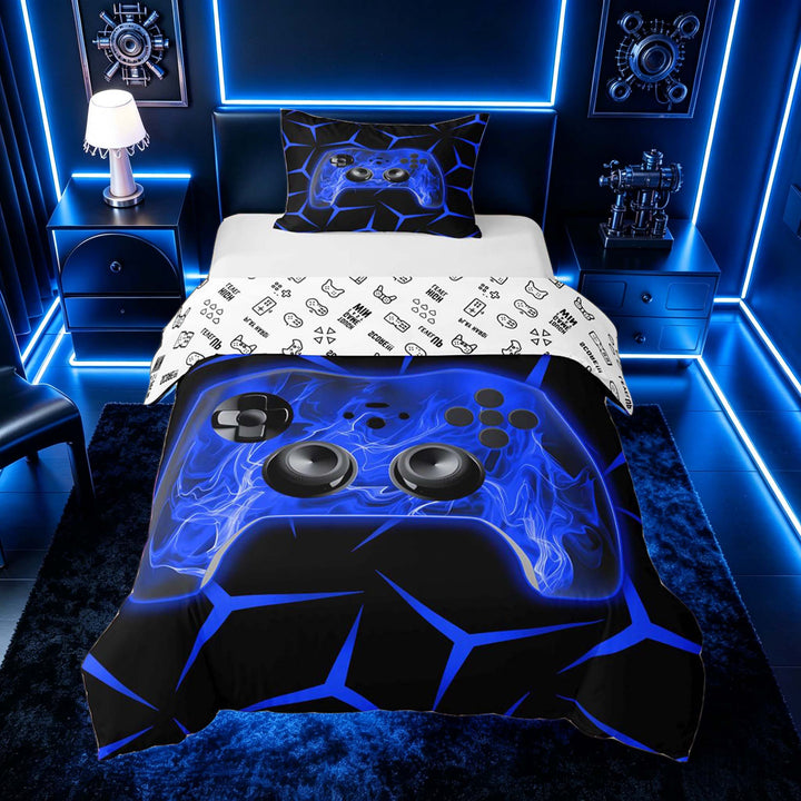 meiyoeat Neon Blue Flame Game Controller Duvet Cover Set for Kids Boys, Blue Geometric Gaming Bedding Full, Gamepad Reversible 3-Piece, 1 Duvet Cover and 2 Pillowcases