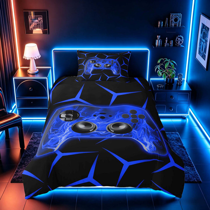 meiyoeat Neon Blue Flame Game Controller Duvet Cover Set for Kids Boys, Blue Geometric Gaming Bedding Full, Gamepad Reversible 3-Piece, 1 Duvet Cover and 2 Pillowcases